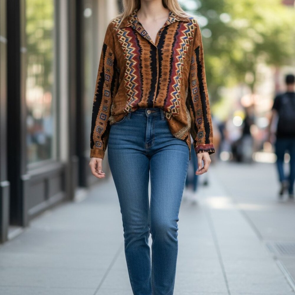 Vintage 80s 90s Jeri Marque Abstract Geometric Blouse Large | Retro Boho Earth